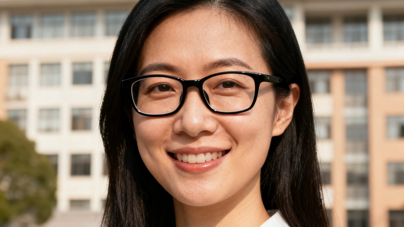 上海体育学院电竞研究学者林婉如教授的半身照，佩戴眼镜，面带微笑，身后是大学教学楼